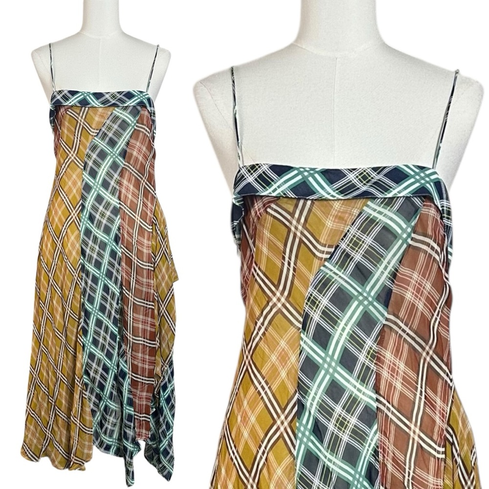 Anthropologie Maeve Sleeveless Asymmetric Plaid Patchwork Midi Slip Dress Medium - Picture 6 of 11